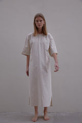 Oversized Linen Midi Dress with Elbow-Length Sleeves and Adjustable Waist Tie Detail