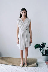 Sleeveless Linen Mini Dress With Wrap Front, Waist Tie, And Gathered Shoulder Detail