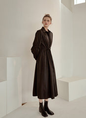 Refined Button-Down Midi Dress With Gathered Sleeves and Waist Detail in Soft Linen Fabric