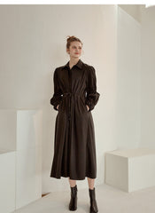 Refined Button-Down Midi Dress With Gathered Sleeves and Waist Detail in Soft Linen Fabric