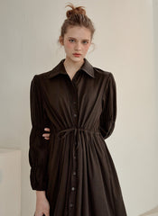 Refined Button-Down Midi Dress With Gathered Sleeves and Waist Detail in Soft Linen Fabric