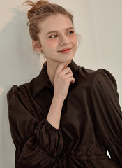 Refined Button-Down Midi Dress With Gathered Sleeves and Waist Detail in Soft Linen Fabric