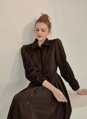 Refined Button-Down Midi Dress With Gathered Sleeves and Waist Detail in Soft Linen Fabric