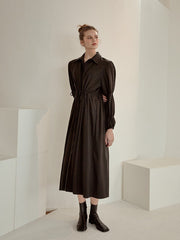 Refined Button-Down Midi Dress With Gathered Sleeves and Waist Detail in Soft Linen Fabric
