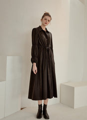 Refined Button-Down Midi Dress With Gathered Sleeves and Waist Detail in Soft Linen Fabric