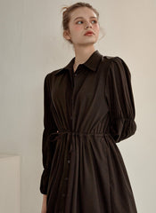 Refined Button-Down Midi Dress With Gathered Sleeves and Waist Detail in Soft Linen Fabric