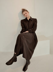 Refined Button-Down Midi Dress With Gathered Sleeves and Waist Detail in Soft Linen Fabric