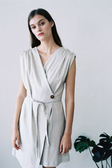 Sleeveless Linen Mini Dress With Wrap Front, Waist Tie, And Gathered Shoulder Detail