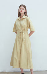 Soft Yellow Linen Midi Shirt Dress with Button Front, Self-Tie Belt, and Short Sleeves