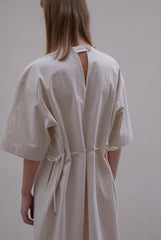 Oversized Linen Midi Dress with Elbow-Length Sleeves and Adjustable Waist Tie Detail