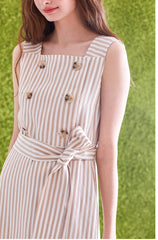 Sleeveless Striped Linen Midi Dress with Square Neck, Waist Belt, and Front Button Detailing