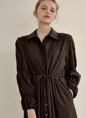 Refined Button-Down Midi Dress With Gathered Sleeves and Waist Detail in Soft Linen Fabric