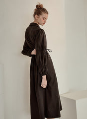 Refined Button-Down Midi Dress With Gathered Sleeves and Waist Detail in Soft Linen Fabric