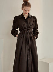Refined Button-Down Midi Dress With Gathered Sleeves and Waist Detail in Soft Linen Fabric