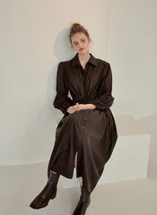 Refined Button-Down Midi Dress With Gathered Sleeves and Waist Detail in Soft Linen Fabric