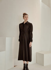 Refined Button-Down Midi Dress With Gathered Sleeves and Waist Detail in Soft Linen Fabric