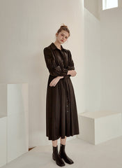 Refined Button-Down Midi Dress With Gathered Sleeves and Waist Detail in Soft Linen Fabric