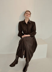 Refined Button-Down Midi Dress With Gathered Sleeves and Waist Detail in Soft Linen Fabric