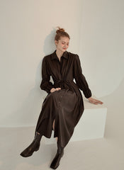 Refined Button-Down Midi Dress With Gathered Sleeves and Waist Detail in Soft Linen Fabric