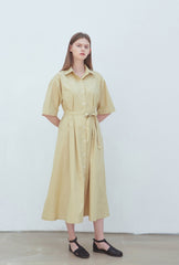 Soft Yellow Linen Midi Shirt Dress with Button Front, Self-Tie Belt, and Short Sleeves