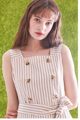 Sleeveless Striped Linen Midi Dress with Square Neck, Waist Belt, and Front Button Detailing