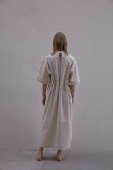 Oversized Linen Midi Dress with Elbow-Length Sleeves and Adjustable Waist Tie Detail