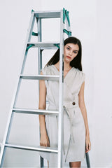 Sleeveless Linen Mini Dress With Wrap Front, Waist Tie, And Gathered Shoulder Detail