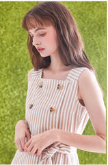 Sleeveless Striped Linen Midi Dress with Square Neck, Waist Belt, and Front Button Detailing