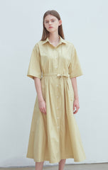 Soft Yellow Linen Midi Shirt Dress with Button Front, Self-Tie Belt, and Short Sleeves