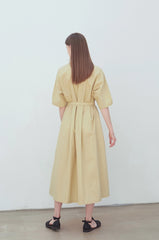 Soft Yellow Linen Midi Shirt Dress with Button Front, Self-Tie Belt, and Short Sleeves