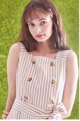 Sleeveless Striped Linen Midi Dress with Square Neck, Waist Belt, and Front Button Detailing