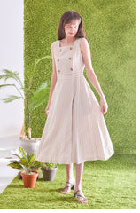 Sleeveless Striped Linen Midi Dress with Square Neck, Waist Belt, and Front Button Detailing