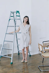 Sleeveless Linen Mini Dress With Wrap Front, Waist Tie, And Gathered Shoulder Detail