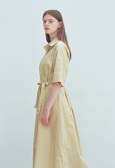 Soft Yellow Linen Midi Shirt Dress with Button Front, Self-Tie Belt, and Short Sleeves