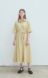 Soft Yellow Linen Midi Shirt Dress with Button Front, Self-Tie Belt, and Short Sleeves