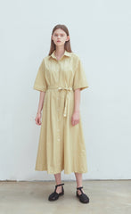 Soft Yellow Linen Midi Shirt Dress with Button Front, Self-Tie Belt, and Short Sleeves