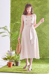 Sleeveless Striped Linen Midi Dress with Square Neck, Waist Belt, and Front Button Detailing