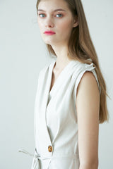 Sleeveless Linen Mini Dress With Wrap Front, Waist Tie, And Gathered Shoulder Detail