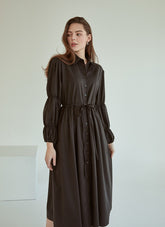 Refined Button-Down Midi Dress With Gathered Sleeves and Waist Detail in Soft Linen Fabric