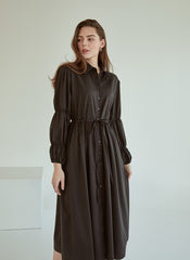 Refined Button-Down Midi Dress With Gathered Sleeves and Waist Detail in Soft Linen Fabric