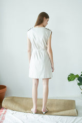Sleeveless Linen Mini Dress With Wrap Front, Waist Tie, And Gathered Shoulder Detail