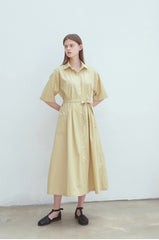 Soft Yellow Linen Midi Shirt Dress with Button Front, Self-Tie Belt, and Short Sleeves