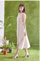 Sleeveless Striped Linen Midi Dress with Square Neck, Waist Belt, and Front Button Detailing