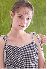 Gingham Linen Midi Dress with Tie Shoulder Straps and Flared Silhouette for Casual Chic Style