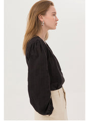 Square Neck Linen Blouse with Voluminous Sleeves and Front Button Closure for Elegant Style