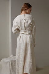 Long Sleeve Linen Maxi Dress with Waist Belt and Back Button Detail for Timeless Elegance
