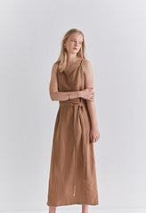 Sleeveless Linen Midi Dress with Adjustable Waist Tie and Back Slit for Effortless Summer Style