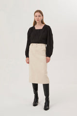 Women's Linen Midi Skirt – High-Waisted Tailored Linen Skirt with Back Vent and Belt Loops
