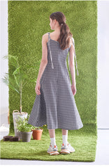 Gingham Linen Midi Dress with Tie Shoulder Straps and Flared Silhouette for Casual Chic Style