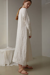 Long Sleeve Linen Maxi Dress with Waist Belt and Back Button Detail for Timeless Elegance